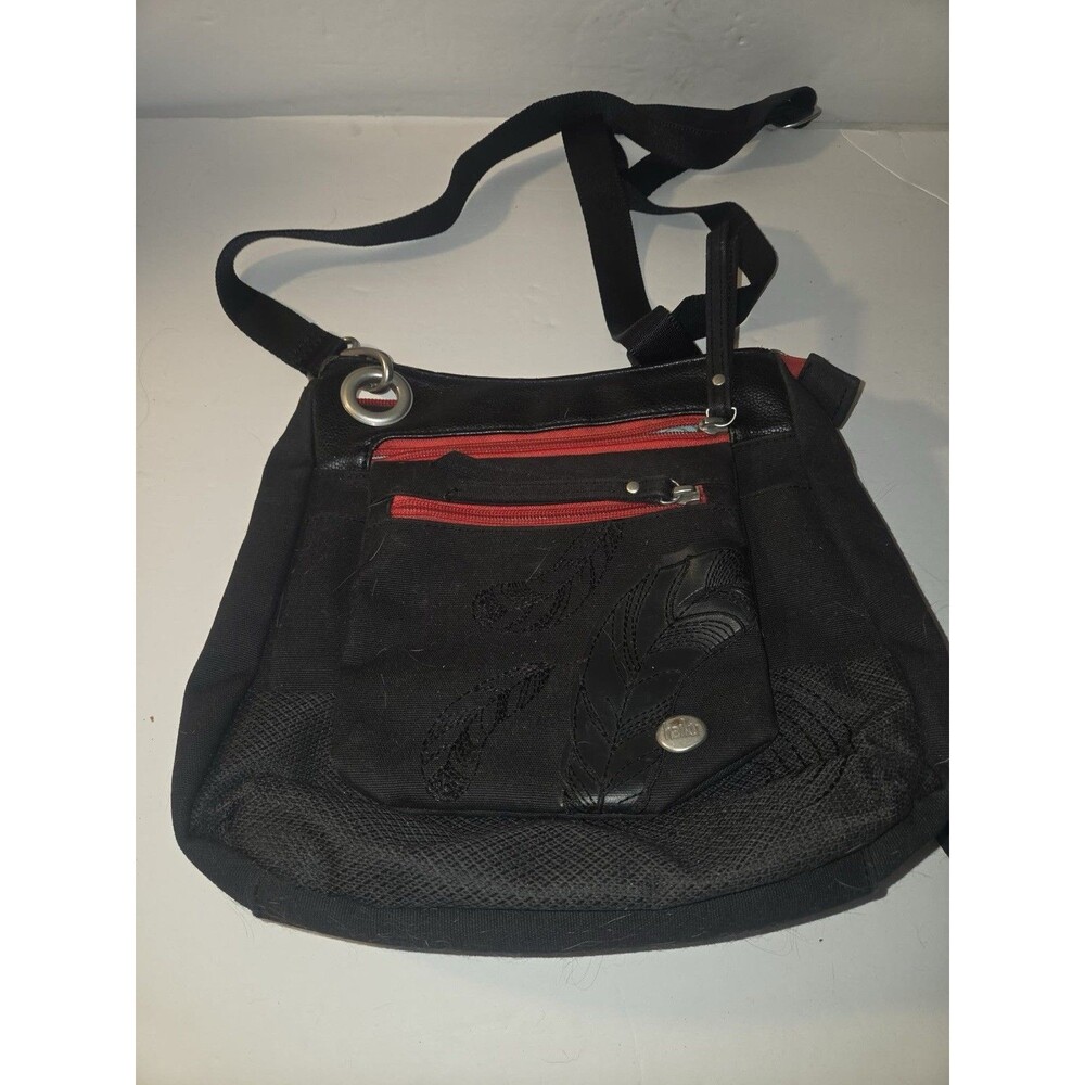 Haiku Crossbody Bag Black Embroidered Feathers Shoulder Strap 9.5x9.5x3”